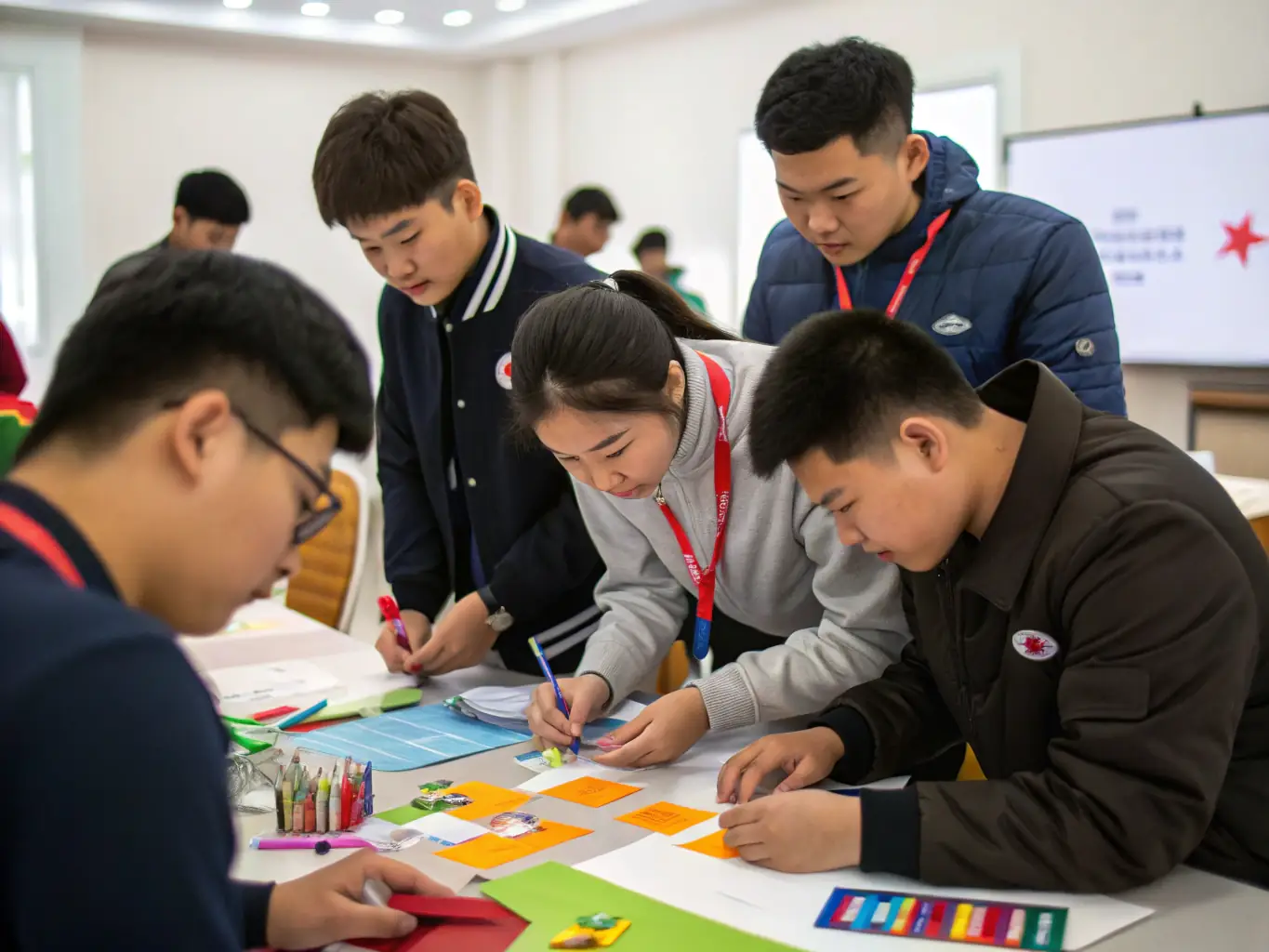 A group of enthusiastic young leaders participating in a workshop at the North Korean Youth Leadership Academy, engaging in a hands-on activity with focused expressions.