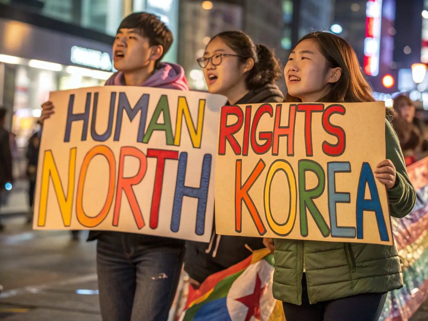 A group of young advocates participating in a rally, holding signs and banners to raise awareness for human rights in North Korea. The scene is energetic and passionate, reflecting the dedication of the Liberty Leaders Assembly.