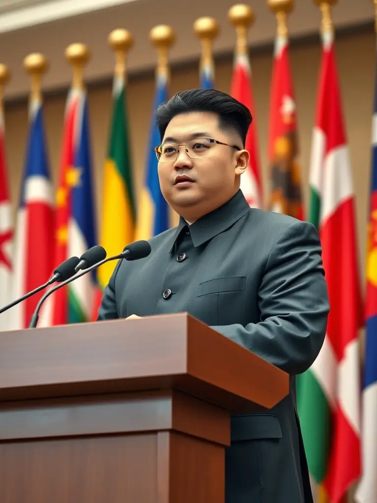A young North Korean leader presenting at an international conference, confidently sharing their experiences and advocating for human rights, set against a backdrop of global flags.