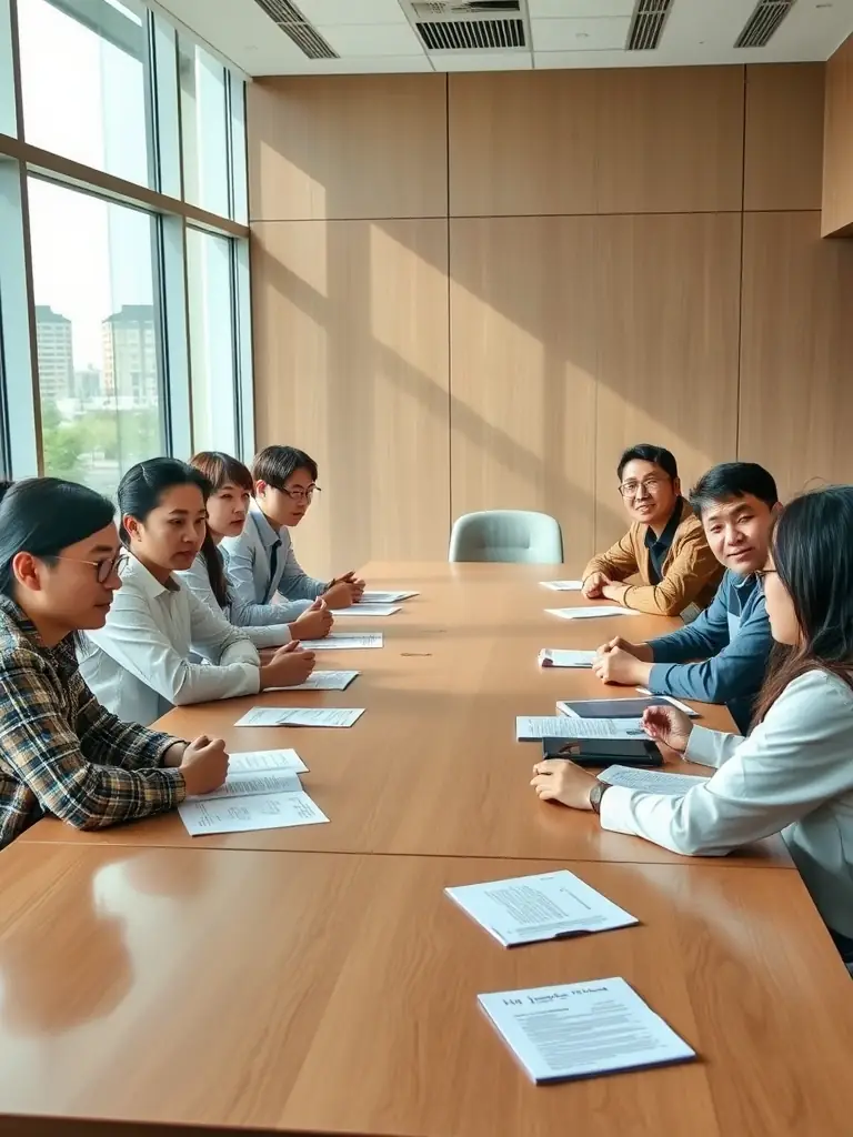 A group of young North Korean leaders participating in a workshop, actively engaged in a discussion about human rights advocacy, set in a modern conference room with natural light.