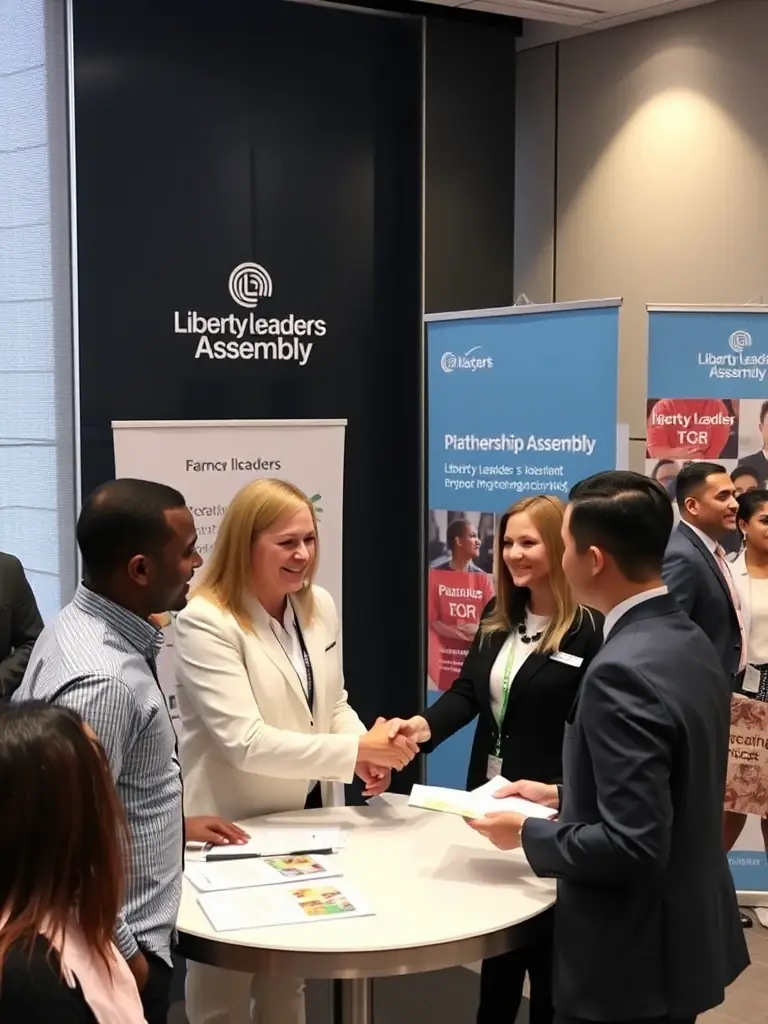A partnership event between Liberty Leaders Assembly and another organization, showcasing collaboration and joint efforts towards a common goal, set in a professional environment.