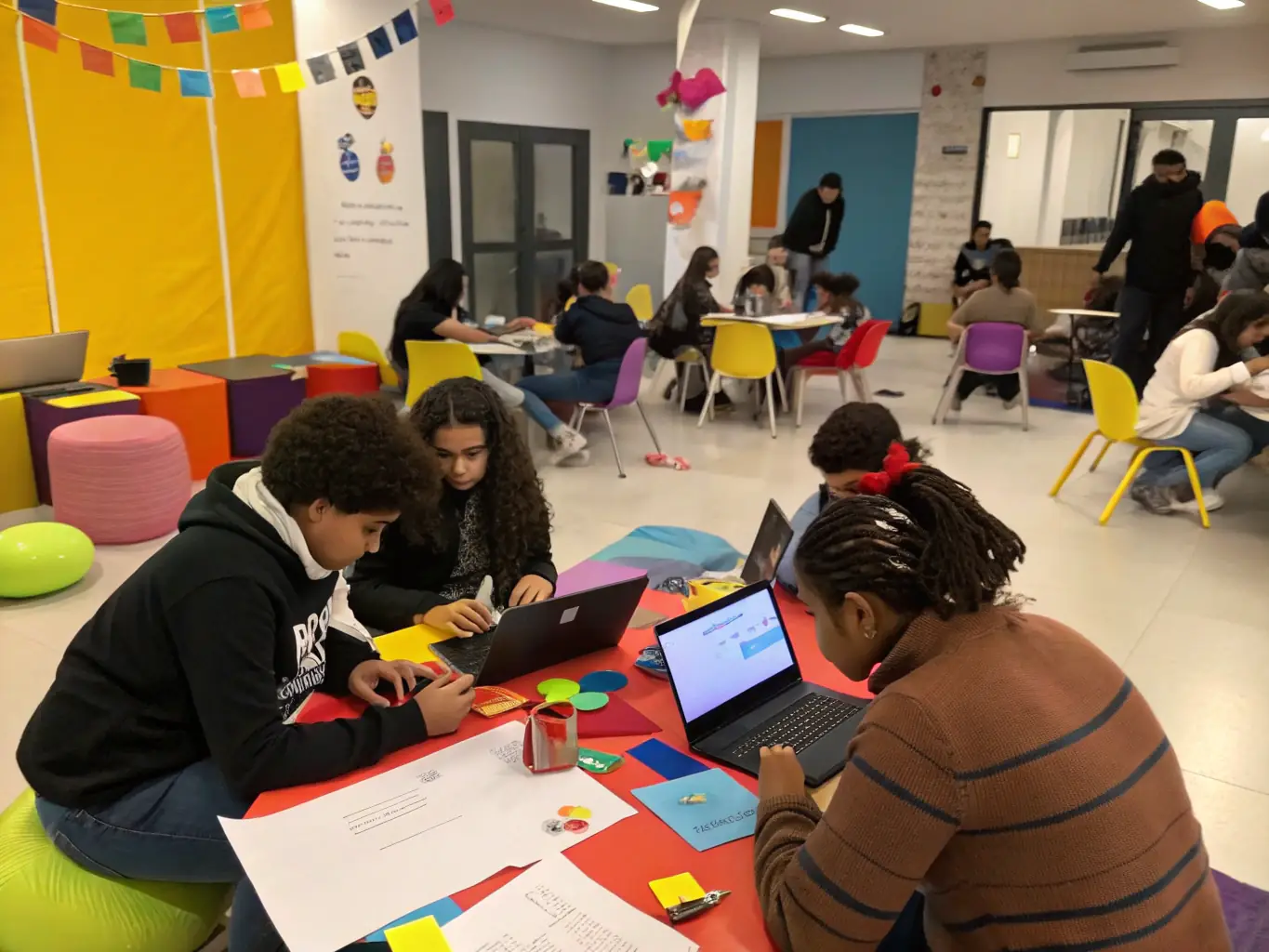 A dynamic workshop session with young leaders engaging in group activities, collaborating on a project with smiles and enthusiasm.