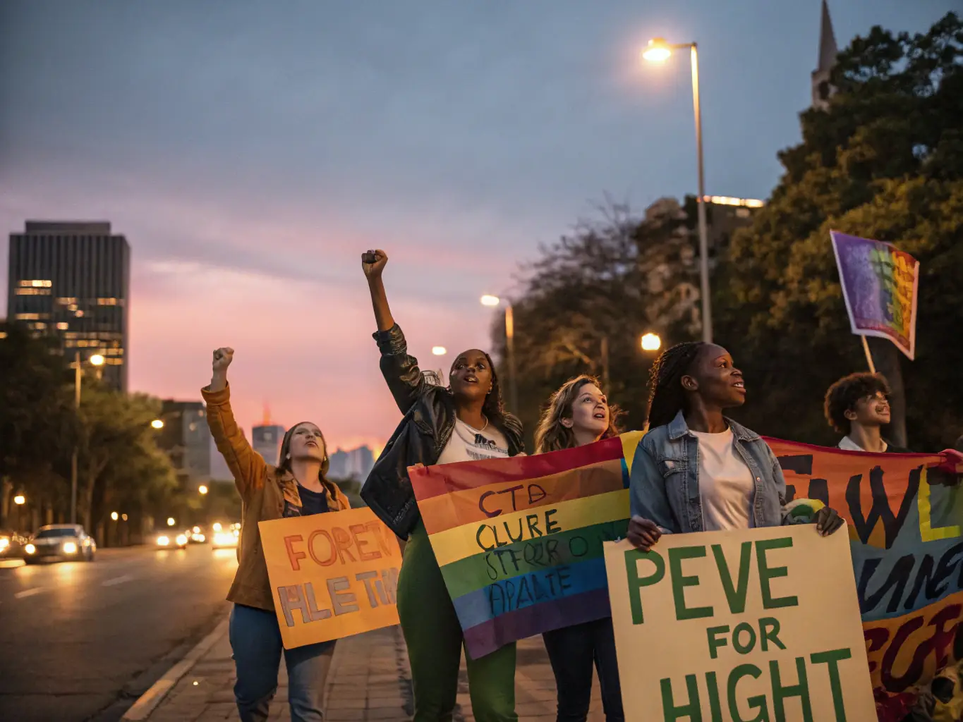 A passionate group of young advocates rallying for human rights awareness, holding signs and banners with determination.