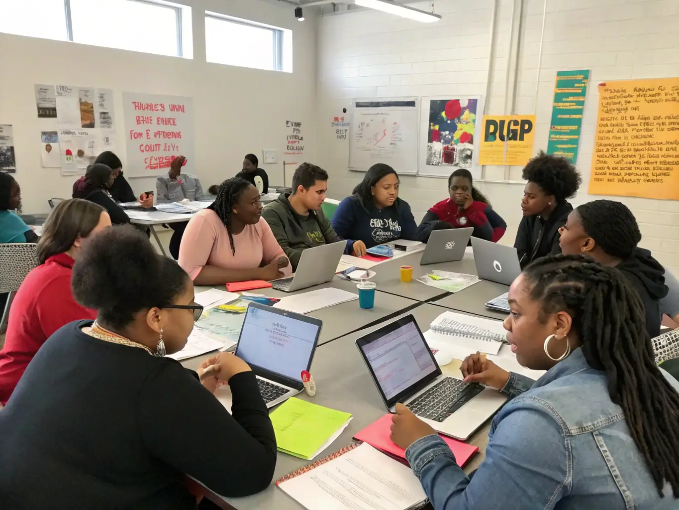 A diverse group of young leaders participating in a leadership development workshop, engaging in discussions and activities to enhance their skills. The atmosphere is collaborative and supportive, reflecting the values of the Liberty Leaders Assembly.